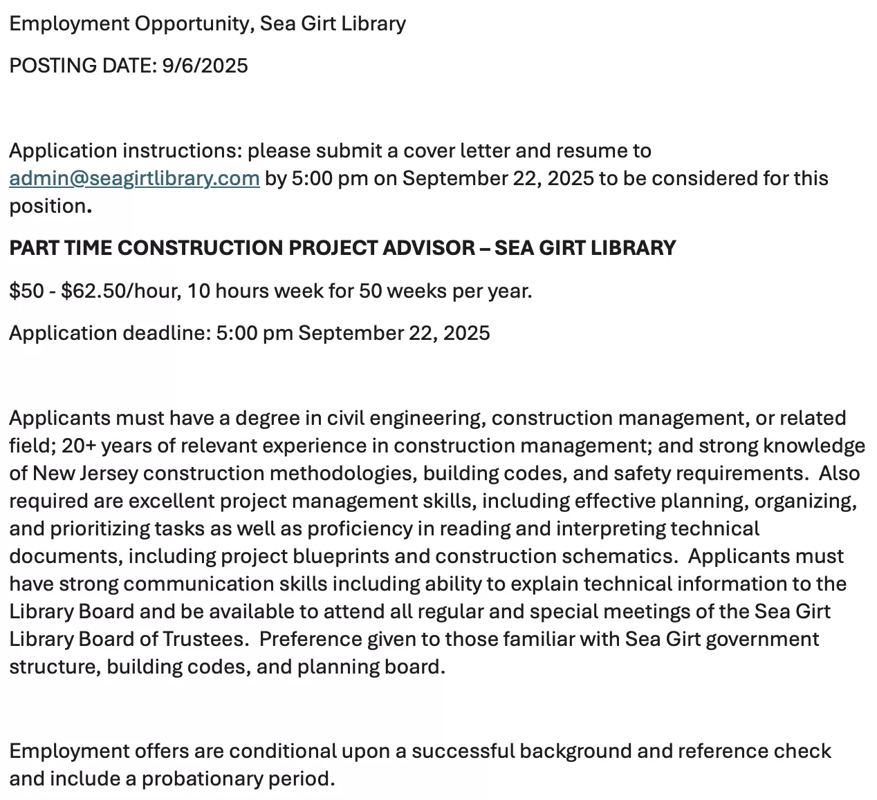 PART TIME CONSTRUCTION PROJECT ADVISOR – SEA GIRT LIBRARY