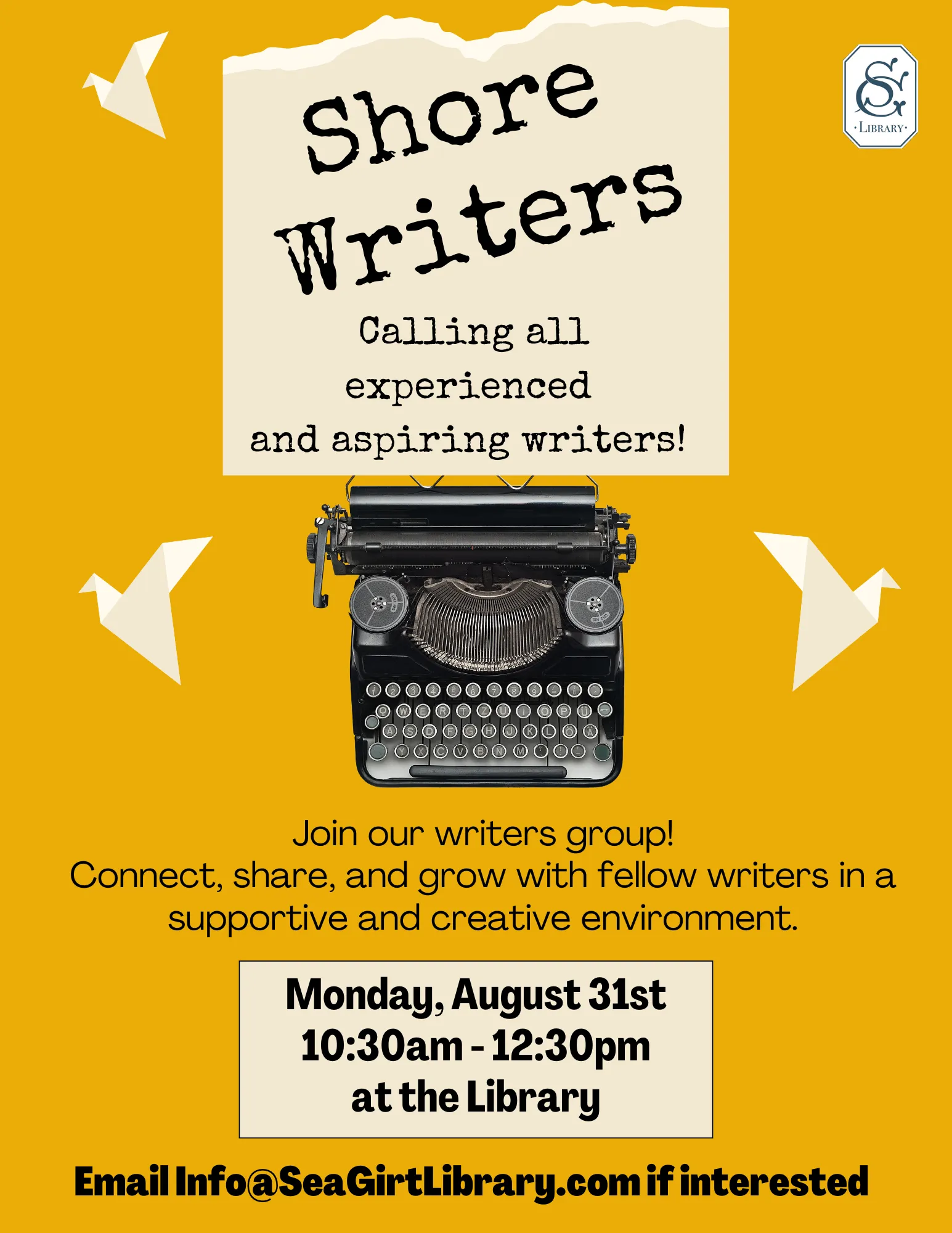 Shore Writers on August 31 @ 10:30 AM-12:30 PM