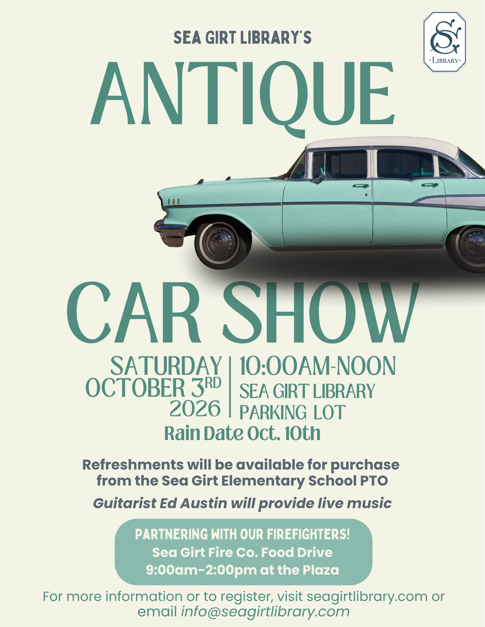 Antique Car Show on Oct. 3 @ 10 AM-12 PM (Rain Date Oct. 10)
