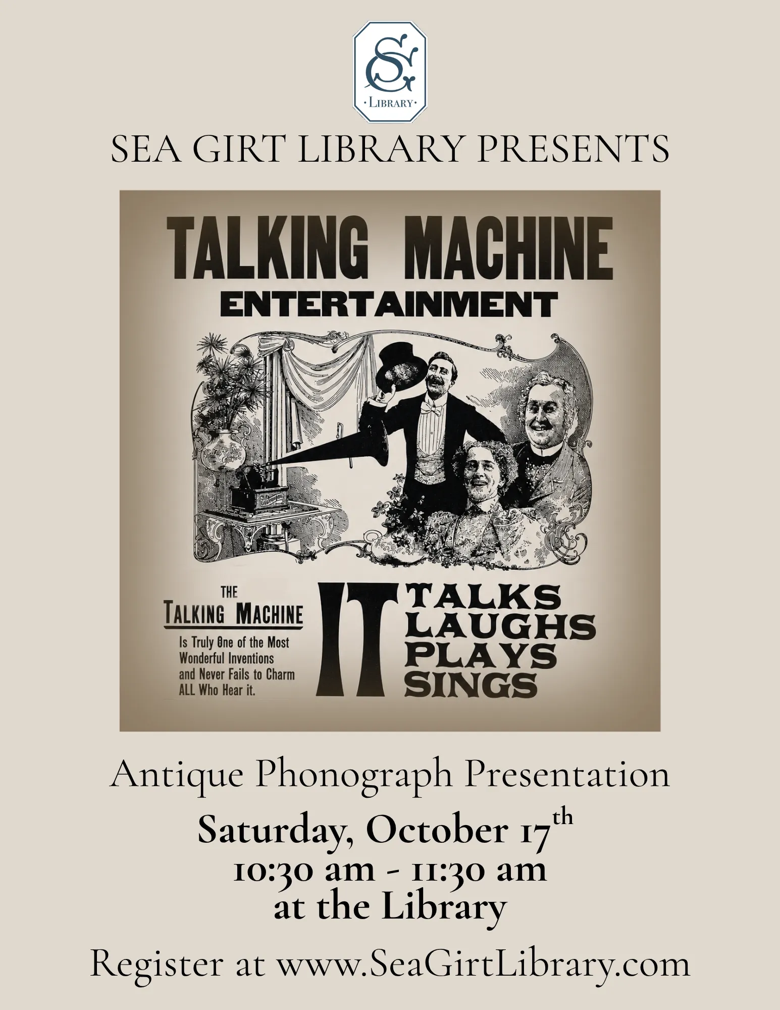 Antique Phonograph Presentation on Oct. 17 @ 10:30 AM