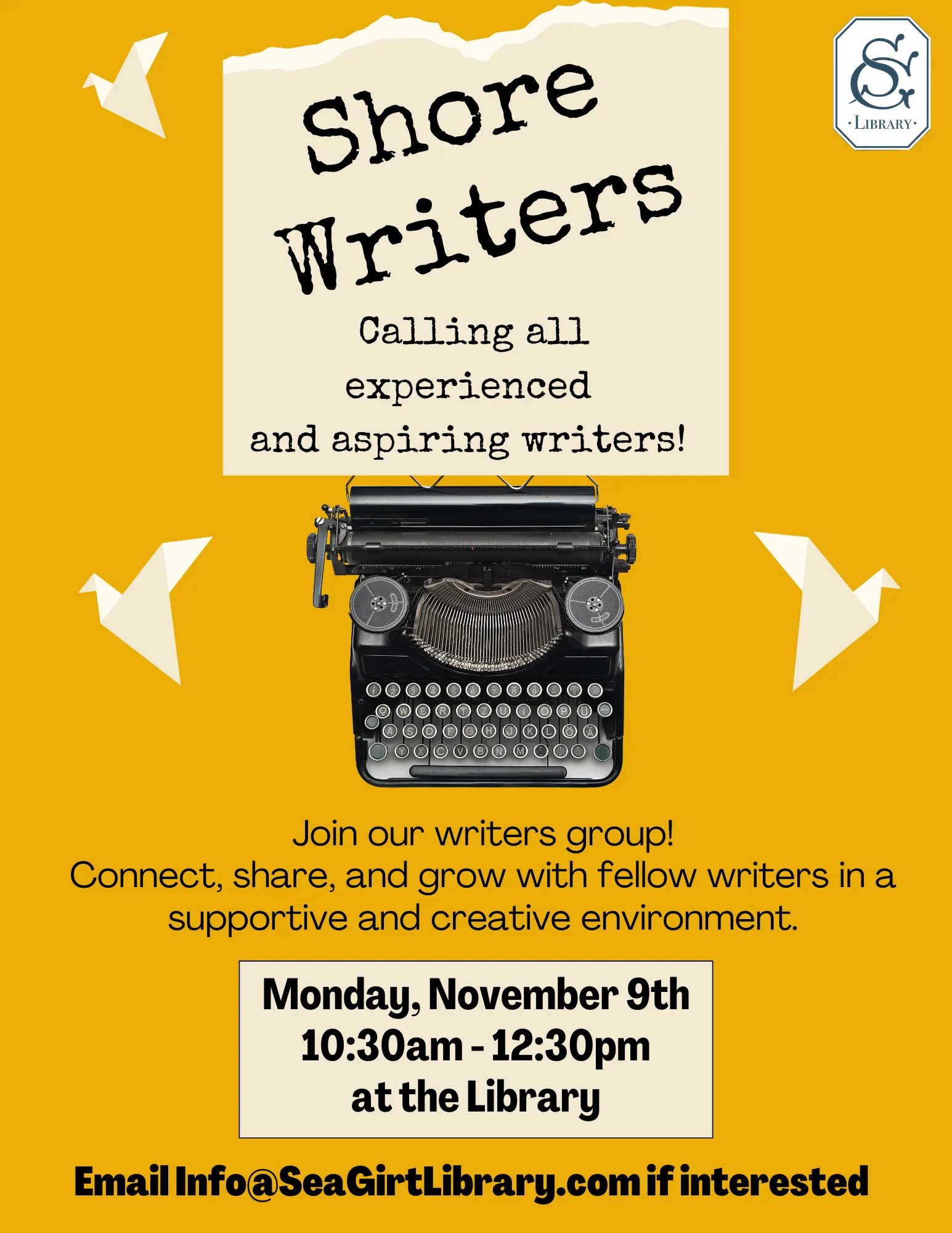 Shore Writers on Nov. 9 @ 10:30 AM-12:30 PM